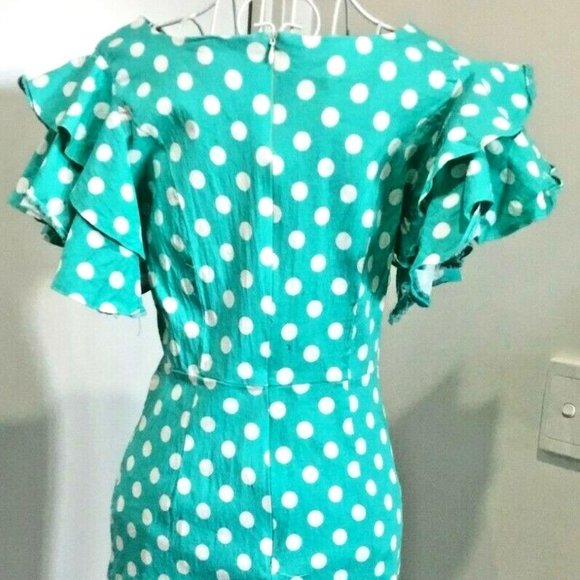 Ladies Dress Aqua White Polka Dot ROCKABILLY Sz 8-10 VGUC Cap Sleeves - Picture 3 of 3